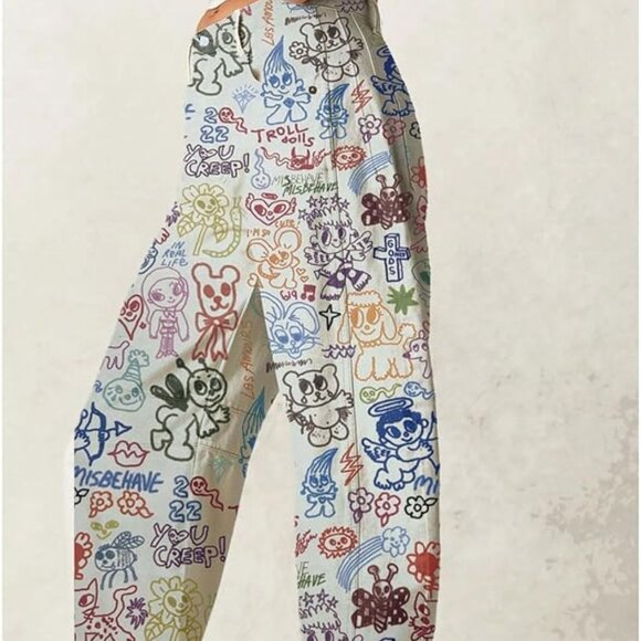 Crayon Drawing Baggy Wide Leg Barrel Horseshoe Jeans Pants - Picture 2 of 3